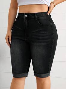 Firerie Plus Size Casual Washed Slim Fit Denim Shorts - Black - View 5