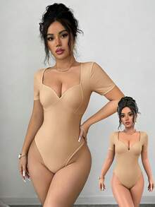 Selianne Women's Summer Deep V-Neck Square Neck Short-Sleeve Bodysuit, Elegant Sexy Waist-Defining Base Layer Top, Casual Camel Night Out Going Out Top - Apricot - View 4