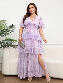 Reflora Plus Size Women Elegant Floral Print Dress - Mauve Purple - View 5