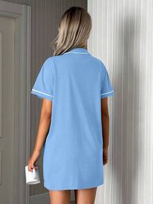 Women Button Front With Contrast Colour Detail Homewear Lounge Pajama Dress - Baby Blue - View 2