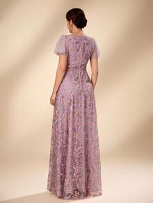 Serin Women's Elegant Luxurious Lotus Pink Beaded Embroidered V-Neck Ruffle Sleeve A-Line Dress, Suitable For All Formal Occasions, Bridal Mother Dress - Dusty Pink - View 5