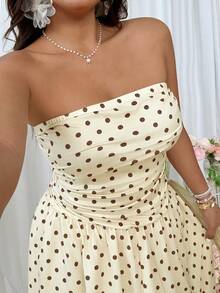 SHEIN EZwear Plus Size Women Polka Dot Print Ruched Strapless Casual Dress - Apricot - View 7