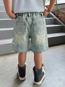 SHEIN 小男孩夏季Y2k破洞都市街頭風復古水洗亮片字母水鑽復古藍色牛仔寬鬆百慕達短褲，春/夏季日常穿搭、街頭風、度假、生日、休閒 - 淺色水洗藍 - 查看 2