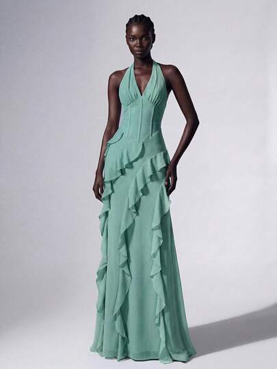 Elitara Women's Solid Color Halter Neck Ruffle Hem Elegant Cinched Waist Formal Evening Gown