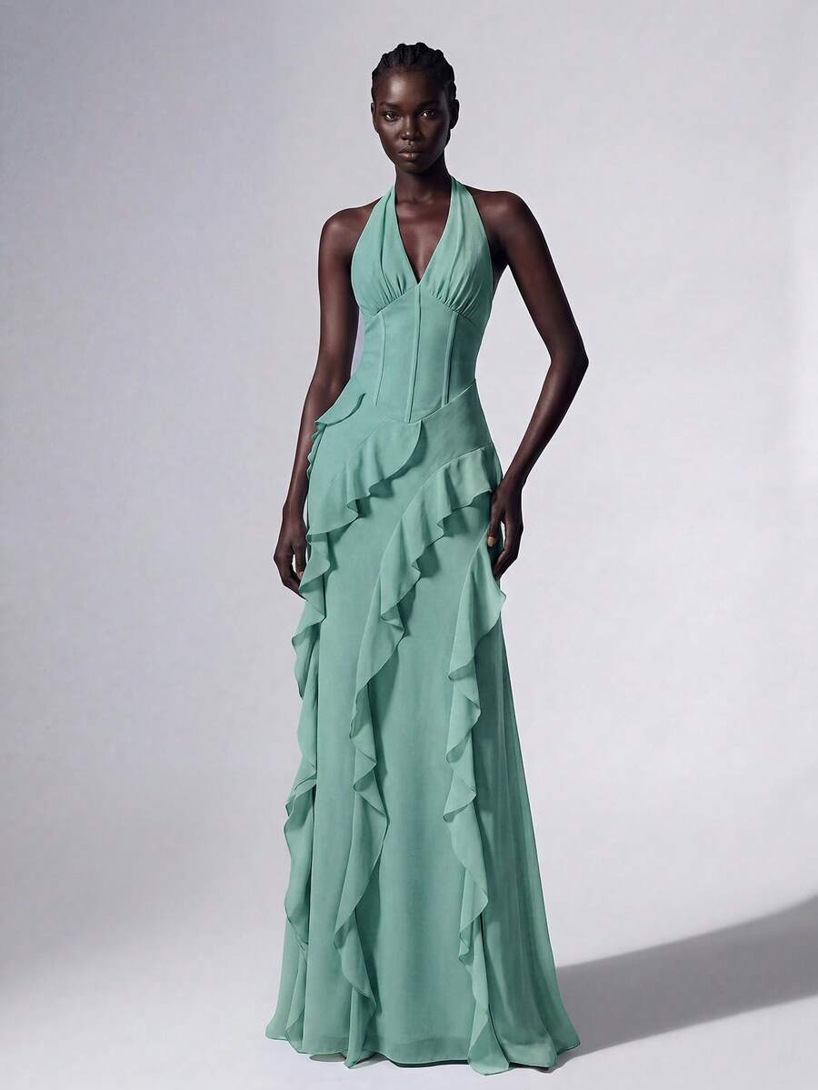 Elitara Women's Solid Color Halter Neck Ruffle Hem Elegant Cinched Waist Formal Evening Gown - Green - View 1