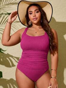 Swim Lushoire Plus Size One-Piece Wide Ribbed Fabric Ruched Abdomen Scoop Neck Swimsuit, Suitable For Summer Vacation And Beach - Hot Pink - View 4