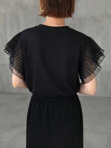 FRIFUL Women's Solid Color Round Neck Layered Mesh Flare Sleeve Short Sleeve T-Shirt, Summer - Black - View 5