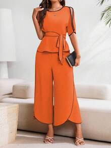 SHEIN Clasi Bộ đồ 2 món tối giản phối màu thanh lịch dành cho nữ, thích hợp mặc hàng ngày. - trái cam - Xem 5