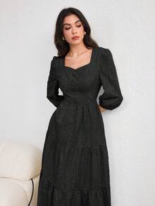 Modelyn 女款長版刺繡泡泡袖洋裝，優雅浪漫，淺黃色，春夏款 - 黑色 - 查看 5