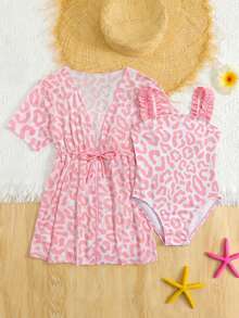SHEIN Bộ đồ bơi vải dệt kim họa tiết da báo màu hồng dễ thương gồm 1 bộ và áo khoác ngoài, kiểu dáng thời trang, thanh lịch, phù hợp cho bơi lội, nghỉ mát, mùa hè. - Hồng - Xem 6