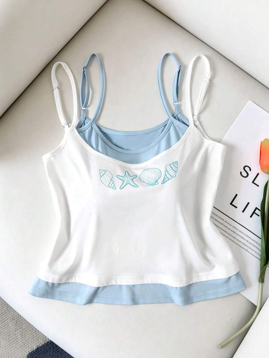 Lacomfia Femmes grande taille Bretelles réglables 2 en 1 Camisole imprimée coquillage Décontracté - Blanc - Voir 1