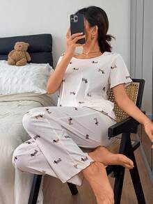 Dream Adore Cute Puppy Print Knitted Jacquard Trim Short Sleeve & Pants 2 Pieces Pajama Set - Multicolor - View 6