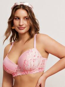 Elorette Sujetador inalámbrico con acolchado, encaje, parches y estampado floral, con alto soporte y elevación, tallas grandes - Rosa - Ver 6