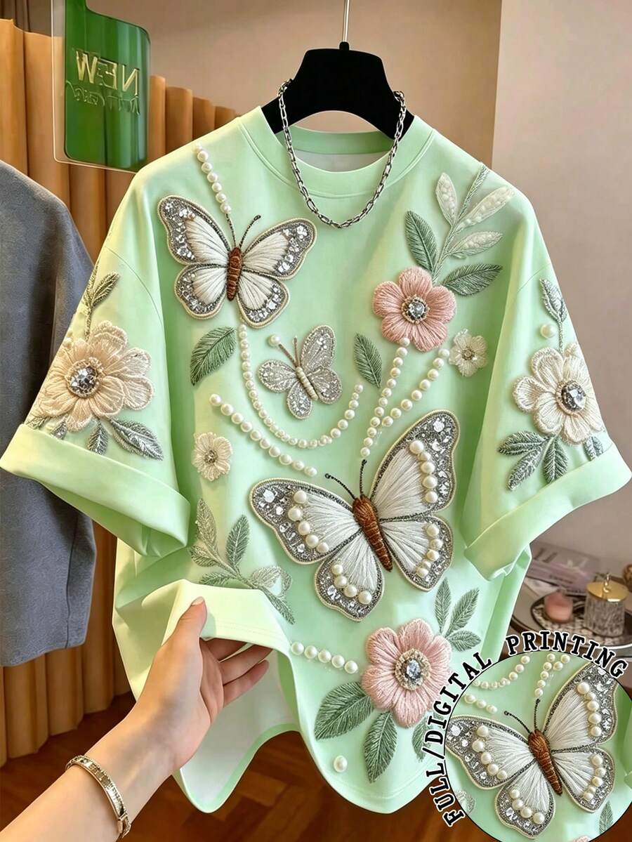 Franclia 大码女式百搭蝴蝶花朵印花圆领短袖T恤 - 綠色 - 查看 1