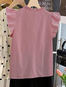 Franclia Plus Size Woven Ruffle Collar Drawstring Casual Cute Plaid Shirt Holiday Light Pink Summer - Red - View 2