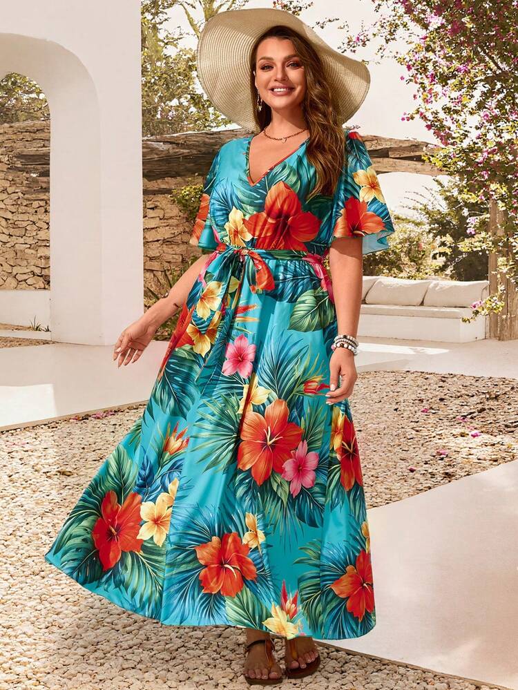 Plus Size Women Tropical Plant Print Ruffle Sleeve Dress Tropical Dresses Women Vacation Outfits Women Hawaiian Outfit For Women Dress Zanzea Dress For Women Plus Size New Arrival Dress For Women Casual