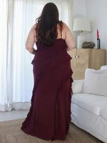 Pretty and Ole Plus Size Women's Summer Elegant Resort Date Floral Printed Stretch Mesh Halter Neck Maxi Dress, Suitable For Concerts, Graduation Commute Plus Size Dresses Burgundy Plus Size Ruffle Dress/Evening Dress/Fall/Winter Clothes/Fall Wedding Guest Dress/Classy Elegant Dress  /Formal Dress  /Y2k Dress/Party Dress /Birthday Dress /Going Out Dress  /Plus Size Dress/Curve Dress/Red Dress,Valentine's Day,Valentine Outfits For Women - Brown - View 3
