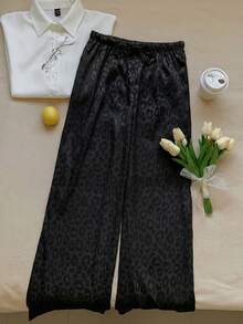 SHEIN Tall CURVE Quần ống rộng cỡ lớn in họa tiết da báo, cạp chun. - màu đen - Xem 7