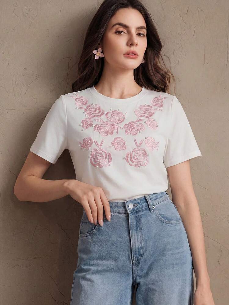 Women's New Spring/Summer Romantic Casual Versatile Pink Floral Embroidered Pearl Decor Round Neck Short Sleeve T-Shirt, Mother's Day