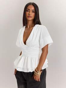 SHEIN BAE Women's Elegant White Deep V-Neck Pleated Ruched Short Sleeve Layered Peplum Top,Summer Casual Versatile Daily Wear Brunch Vacation Office Dressing - White - View 5