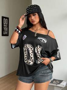 Coolane Women's Plus Size Summer Y2K Hip-Hop Vintage Streetwear Number Pattern Star Pattern Stretchy Asymmetrical Neck Black OverSize Shortsleeve T-Shirt - Black - View 6