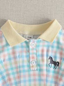 SHEIN 女童格子 Polo 连衣裙，刺绣小马图案，撞色领短袖婴儿连衣裙，夏季 - 淺綠色 - 查看 6