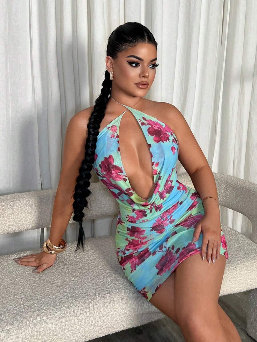 SHEIN SXY Floral Print Halter Backless Mini Dress, Suitable For Summer Vacation & Beach