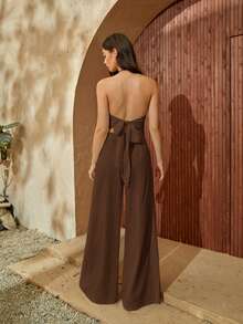 Travachic Bộ đồ nữ màu trơn gồm áo hai dây hở lưng và quần ống rộng, kiểu dáng thường ngày. - màu nâu - Xem 2