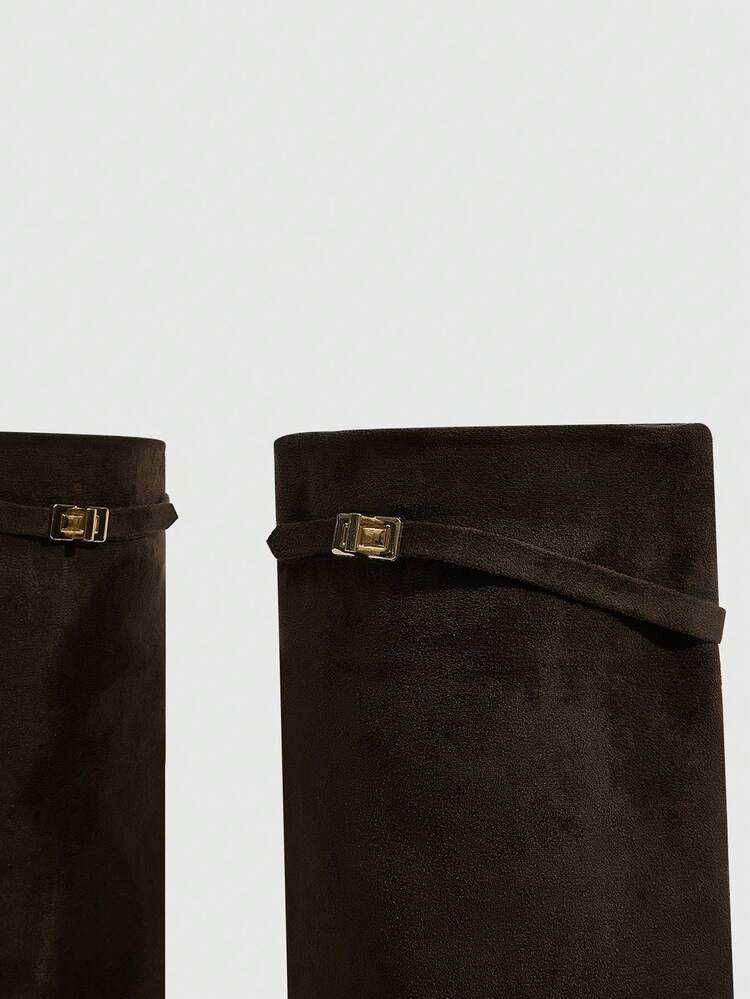 CUCCOO SZL Women's Fashion Pointed Toe Black Suede Tall Shaft Metal Buckle Elegant Versatile Stiletto Knee-High Boots