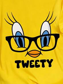 LOONEY TUNES X SHEIN GraphicGems 少女卡通眼镜印花黄色圆领T恤，休闲夏季款 - 黃色 - 查看 4