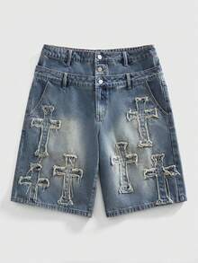 ROMWE MEN Street Life Quần short denim nam hai lớp cạp chun rách có miếng vá hình chữ thập. - Màu xanh lam - Xem 6