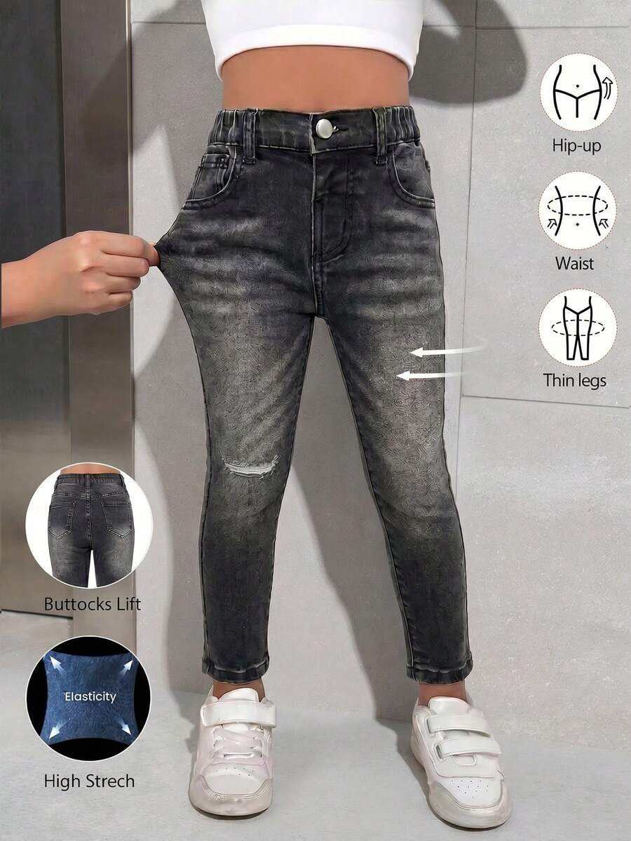 SHEIN 男女皆宜的少女高弹舒适牛仔裤,适合夏季外穿,秋冬季内搭,四季皆宜;中性Y2K风格破洞黑色紧身牛仔裤,适合外出穿着,冬季打底。 - 黑色 - 查看 1