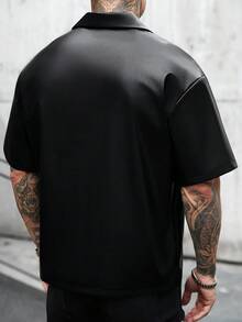 SLATEMANN Men's Summer Casual Fashion Street PU Leather Short Sleeve Flap Pocket Cargo Shirt - Black - View 2