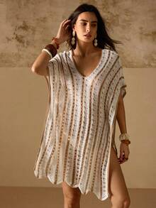Swim Chiccia Vestido de playa tipo pareo con cuello en V y rayas para mujeres, estilo vacacional - Multicolor - Ver 1
