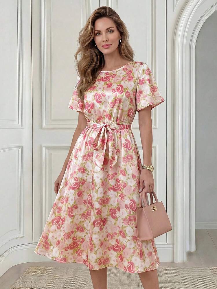Women's Floral Print Round Neck Short Sleeve Elegant Mid-Length Dress, Summer Dress,Festival Outfits For Women,Party Dress,Dress For Going Out ,Elegant Dresses For Women,Floral Dress