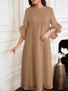 Al Najma Women's Solid Color Round Neck Ruffle Sleeve Loose Arabic Traditional Long Dress - Brown - View 6