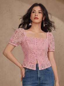 DAZY Women's Solid Color Square Collar Front Button Elegant Short Sleeve Blouse Cute Tops Summer - Pink - View 4
