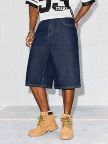 Paul Frank X SHEIN Quần đùi Bermuda denim dáng rộng in chữ dành cho nam - Rửa tối - Xem 4