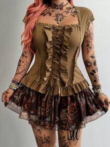 Whyspr Blouse grande taille d'été vintage à col carré, manches courtes, cordon de serrage, patchwork de dentelle, cintrée à la taille et amincissante - Tabac - Voir 5