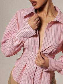 Hauture Camisa de manga larga con botones y rayas casuales para mujer, otoño - Rosa - Ver 5
