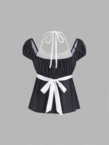 Elamini 法式浪漫海滩度假风春夏甜美波点露背短袖双层荷叶边下摆女式粉色衬衫 - 黑色 - 查看 2