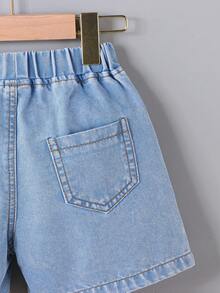 SHEIN Genkimix Kids 男童牛仔套装 夏季新款 复古风 浅蓝色水洗牛仔布 宽松版型 柔软棉质牛仔面料 日常穿着 海滩周末度假风 夏季基础休闲套装 - 淺色水洗藍 - 查看 6