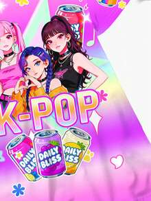 SHEIN Baby Girls Purple Summer Y2k Birthday Cartoon Girl Short Sleeve Dress,K-Pop Superstars Gradient Pattern Round Neck Casual Loose Dress,Korean Style - Multicolor - View 6