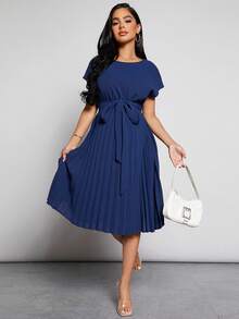 MaterniWear Maternity Pleated Hem Belted Dress - Blue - View 5