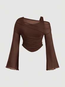 SHEIN MOD Plus Size Asymmetric 2 In 1 One-Shoulder Sheer Mesh Knit T-Shirt Fall - Brown - View 1