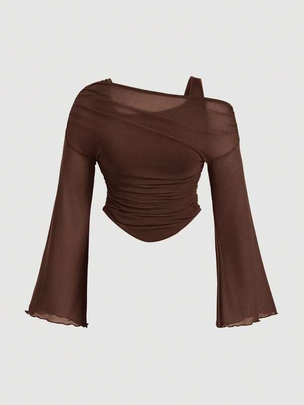 SHEIN MOD Plus Size Asymmetric 2 In 1 One-Shoulder Sheer Mesh Knit T-Shirt Fall