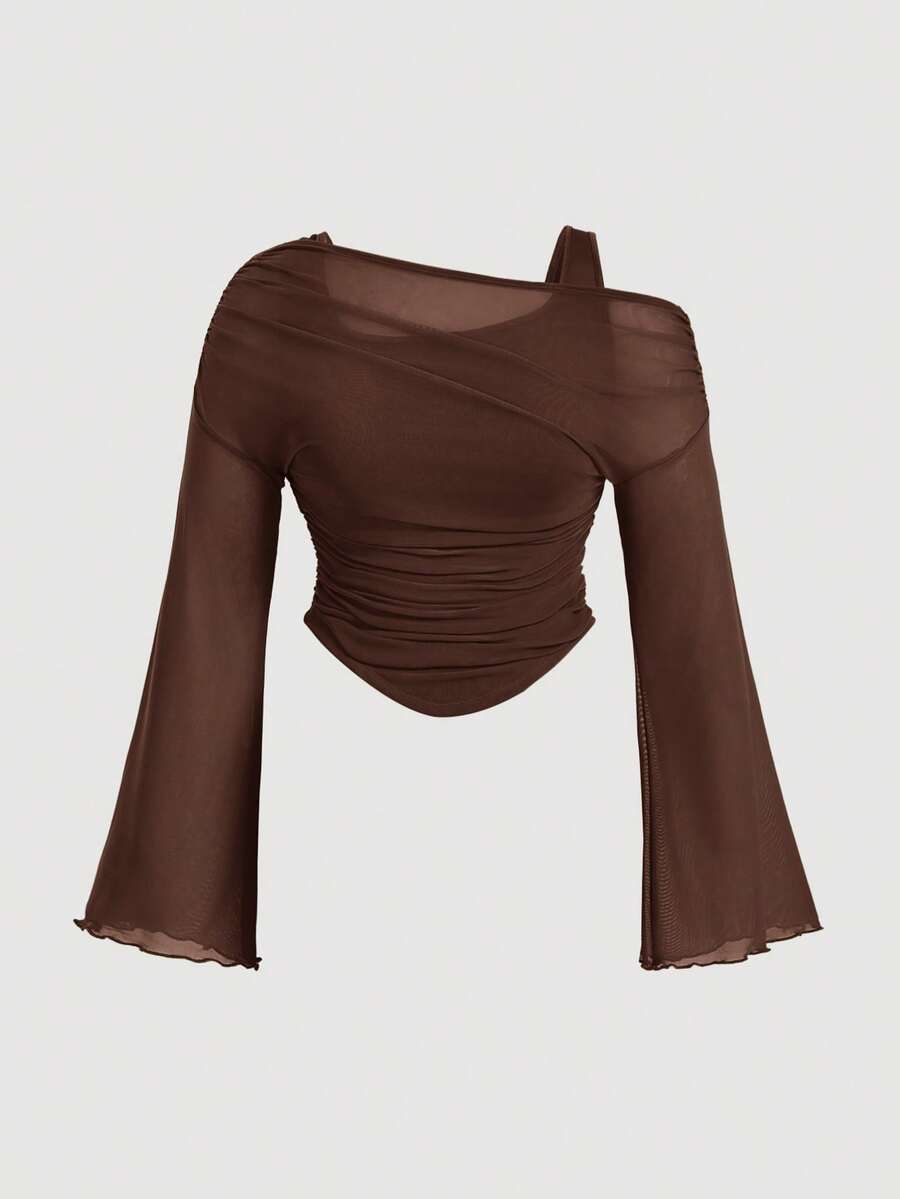 SHEIN MOD Plus Size Asymmetric 2 In 1 One-Shoulder Sheer Mesh Knit T-Shirt Fall - Brown - View 1