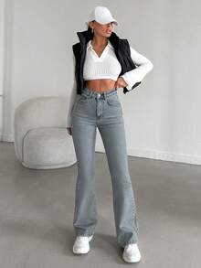 EURMUSE 98%Cotton Solid Color Bell Bottom Jeans - Light Wash - View 3