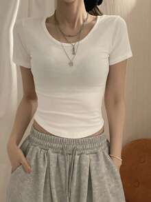 Camiseta básica de manga corta de cuello redondo y unicolor blanco para mujer, primavera/verano - Blanco 5 - Ver 5