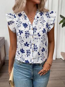 SHEIN Clasi Áo sơ mi nữ cổ chữ V in hoa, kiểu dáng thường ngày, đa năng. - Xanh và trắng - Xem 6
